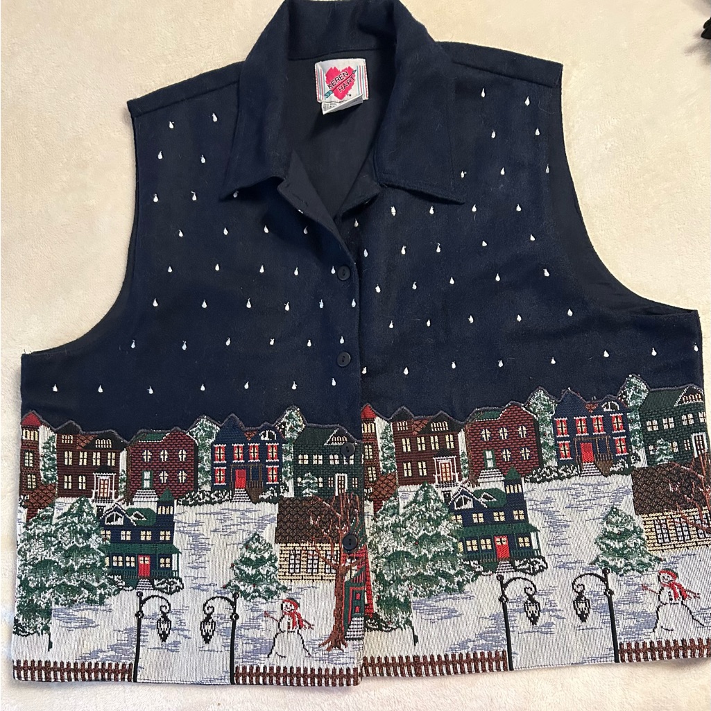 Keren Hart Vintage Navy Village Scene Sweater Vest